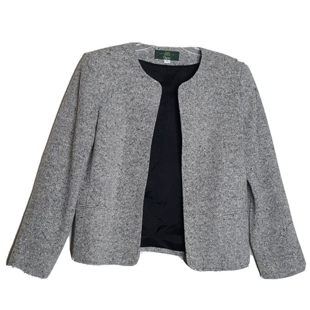 Orvis Womens Open Front Collarless Blazer Career Jacket Wool Blend Tweed Size 8
